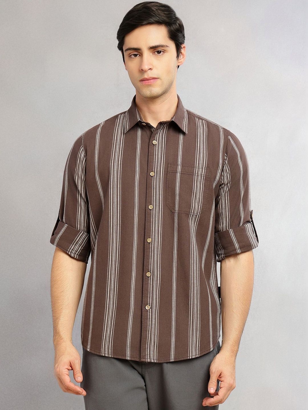 Brown Cricket Club Collection Slim Fit Cotton Linen Classic Striped Casual Wear Shirt For Men for Men
