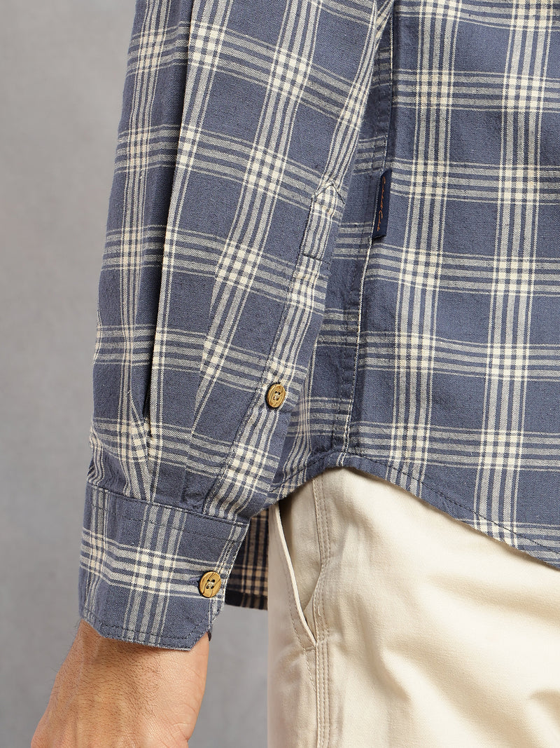 Thomas Scott Men Blue Slim Fit Tartan Checks Cotton Linen Casual Shirt-Cricket Club Collection, Roll-Up Sleeves & Spread Collar