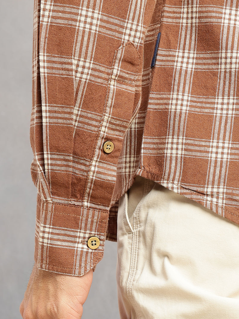 Thomas Scott Men Brown Slim Fit Tartan Checks Cotton Linen Casual Shirt-Cricket Club Collection, Roll-Up Sleeves & Spread Collar