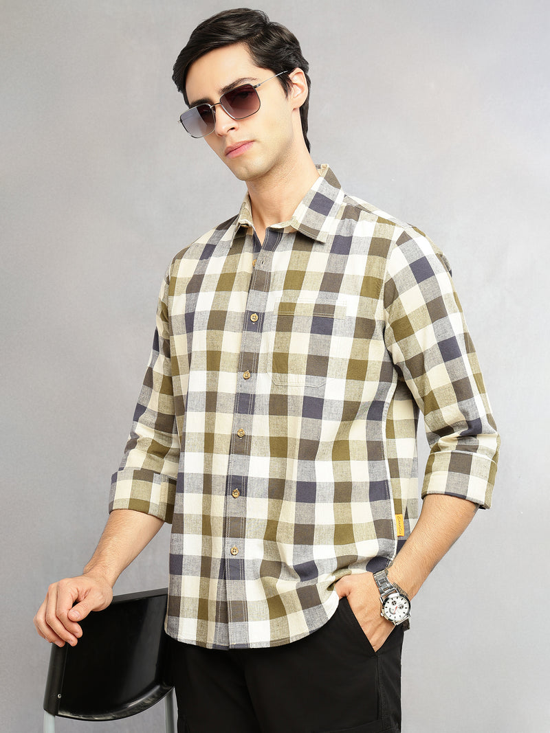 Thomas Scott Men Beige Cricket Club Collection Slim Fit Long Sleeves Shepherd Check Spread Collar Cotton Linen Casual Shirt