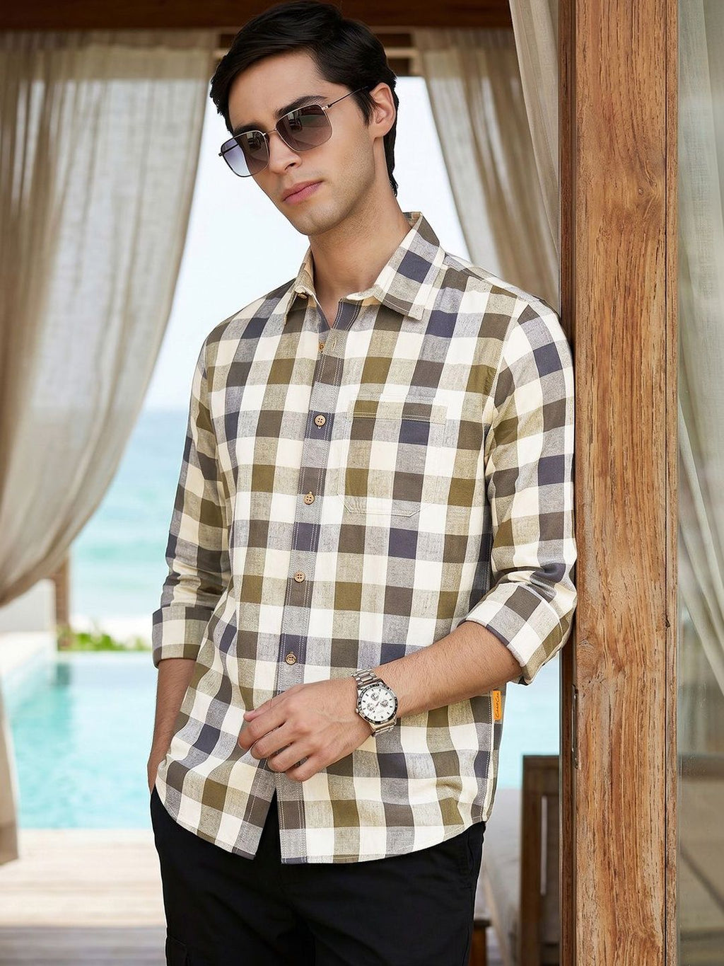 Beige Cricket Club Collection Slim Fit Long Sleeves Shepherd Check Spread Collar Cotton Linen Casual Shirt For Men