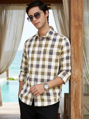 Beige Cricket Club Collection Slim Fit Long Sleeves Shepherd Check Spread Collar Cotton Linen Casual Shirt For Men
