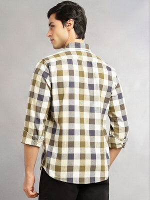 Beige Cricket Club Collection Slim Fit Long Sleeves Shepherd Check Spread Collar Cotton Linen Casual Shirt For Men