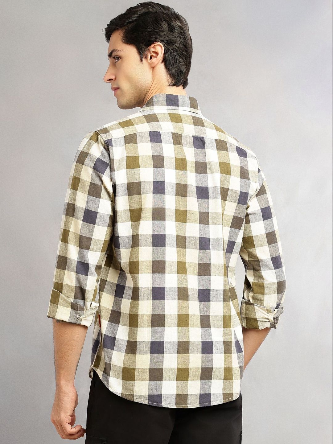 Beige Cricket Club Collection Slim Fit Long Sleeves Shepherd Check Spread Collar Cotton Linen Casual Shirt For Men