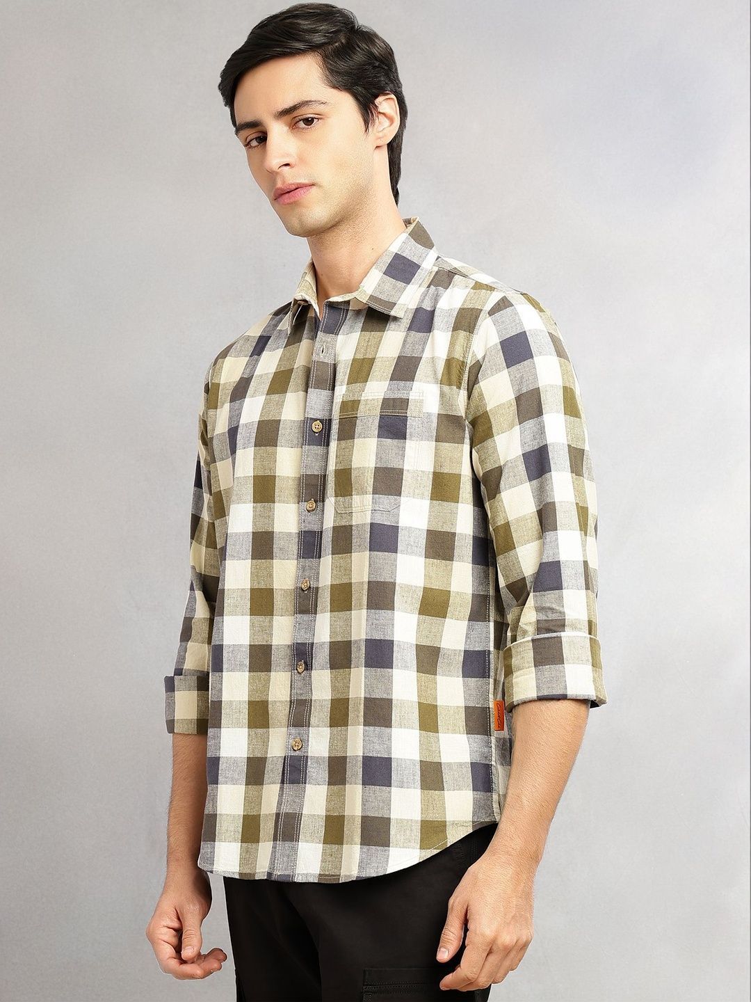 Beige Cricket Club Collection Slim Fit Long Sleeves Shepherd Check Spread Collar Cotton Linen Casual Shirt For Men