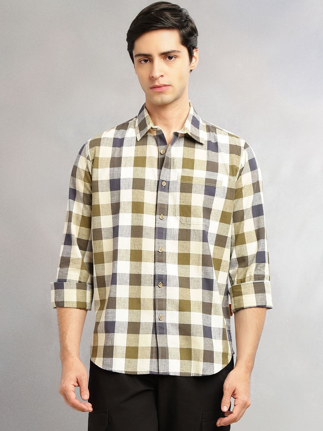 Beige Cricket Club Collection Slim Fit Long Sleeves Shepherd Check Spread Collar Cotton Linen Casual Shirt For Men