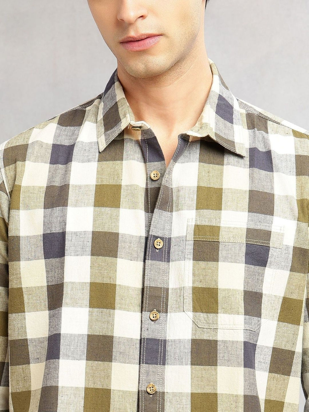 Beige Cricket Club Collection Slim Fit Long Sleeves Shepherd Check Spread Collar Cotton Linen Casual Shirt For Men