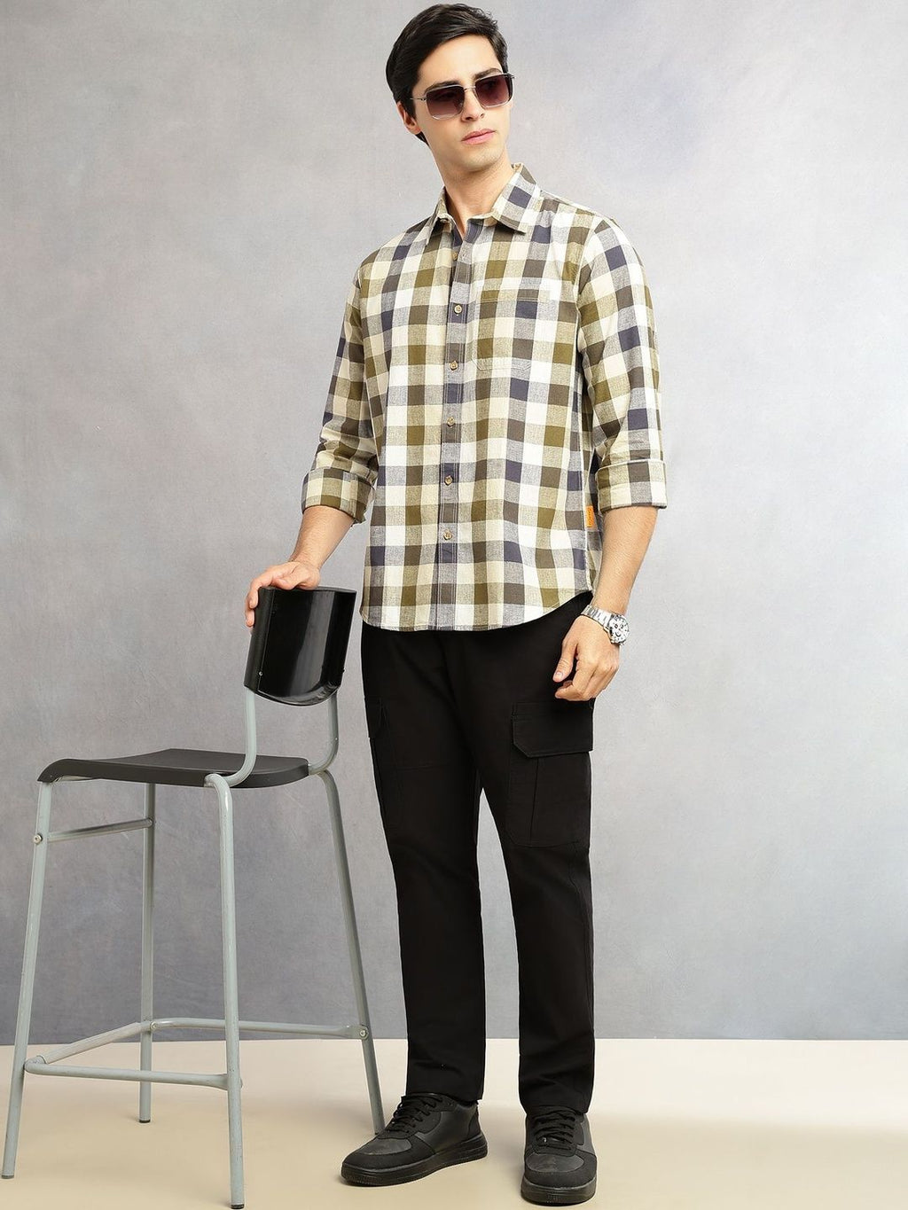 Beige Cricket Club Collection Slim Fit Long Sleeves Shepherd Check Spread Collar Cotton Linen Casual Shirt For Men