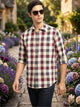 Wine Cricket Club Collection Slim Fit Long Sleeves Shepherd Check Spread Collar Cotton Linen Casual Shirt For Men