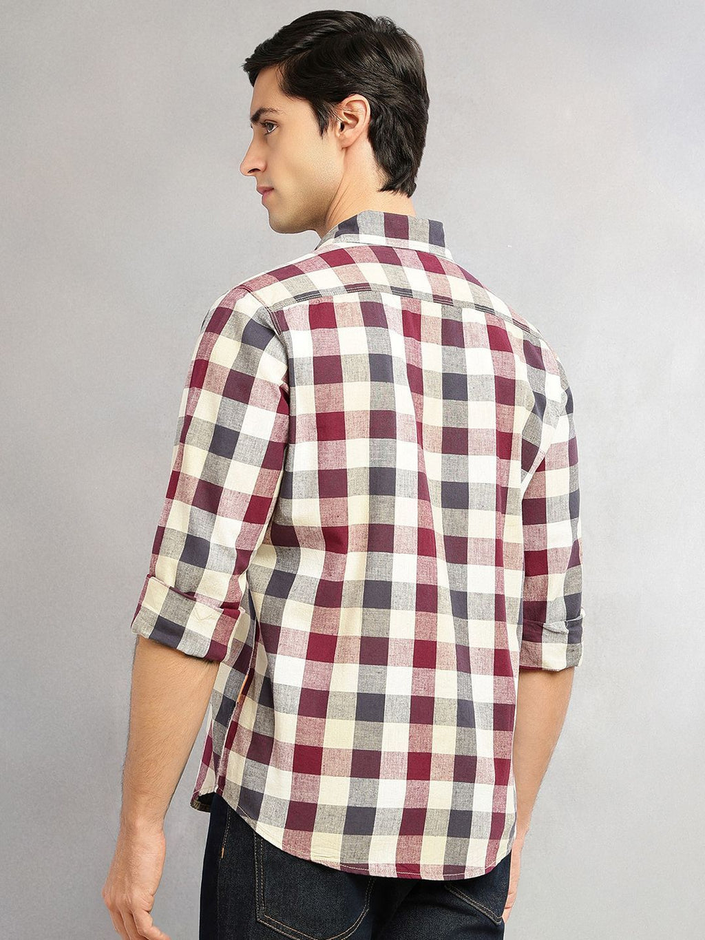 Wine Cricket Club Collection Slim Fit Long Sleeves Shepherd Check Spread Collar Cotton Linen Casual Shirt For Men
