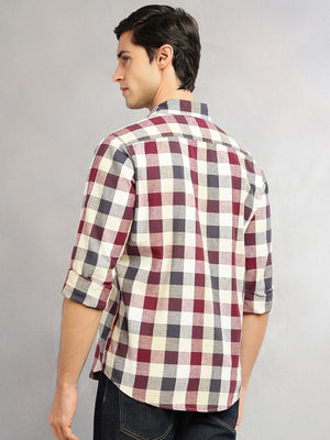 Wine Cricket Club Collection Slim Fit Long Sleeves Shepherd Check Spread Collar Cotton Linen Casual Shirt For Men
