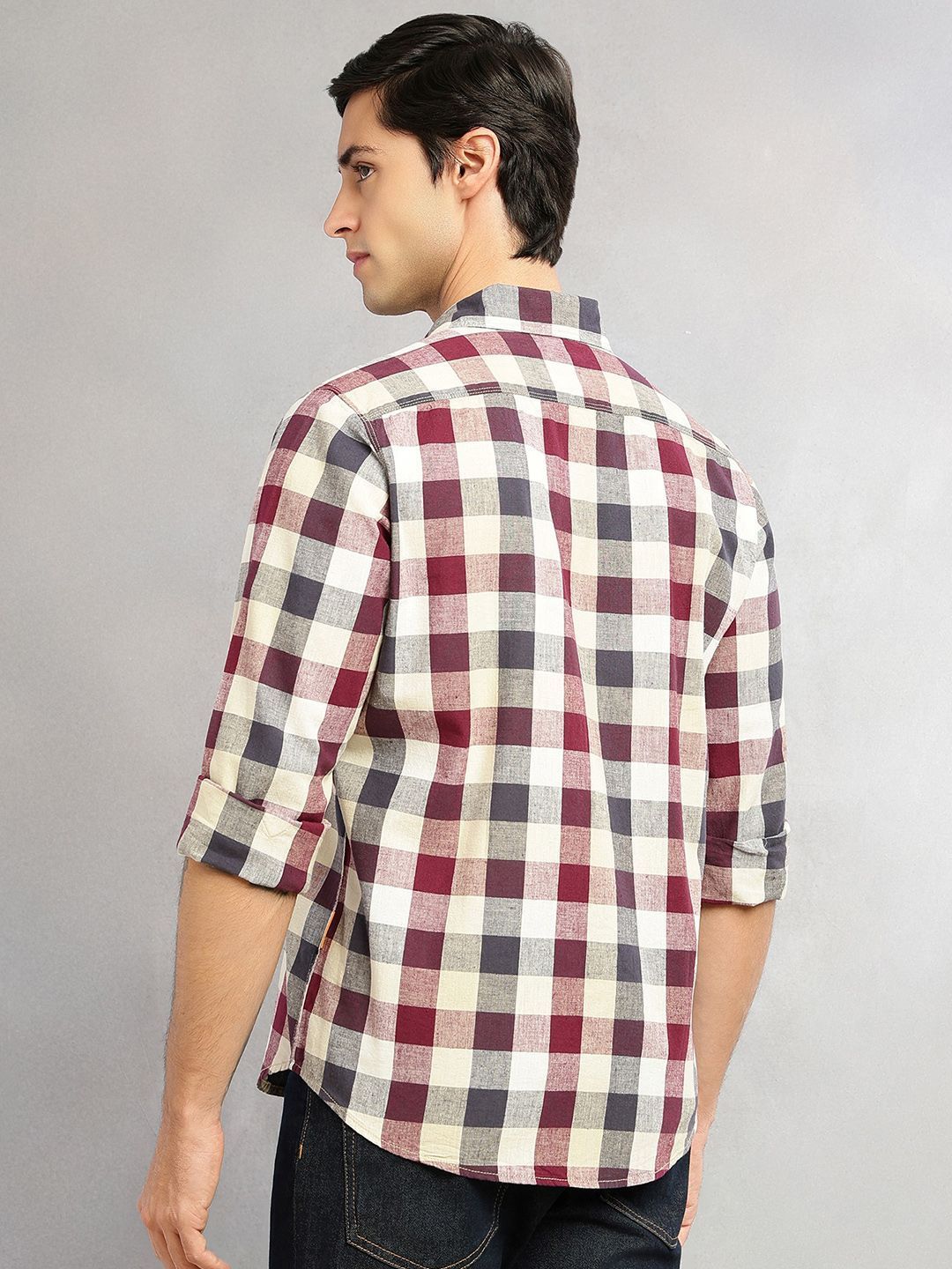 Wine Cricket Club Collection Slim Fit Long Sleeves Shepherd Check Spread Collar Cotton Linen Casual Shirt For Men