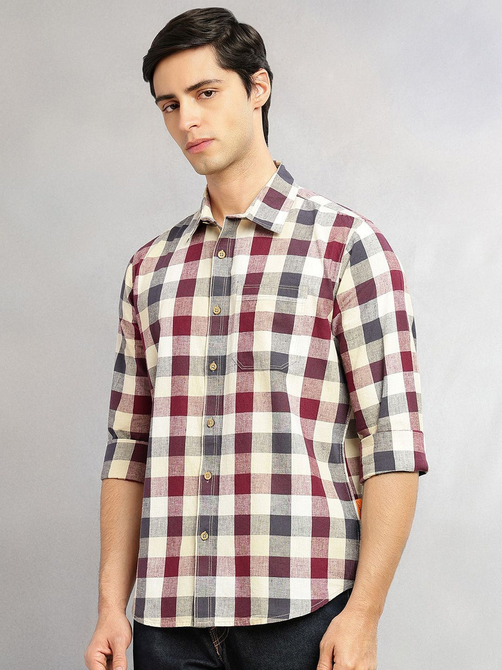 Wine Cricket Club Collection Slim Fit Long Sleeves Shepherd Check Spread Collar Cotton Linen Casual Shirt For Men