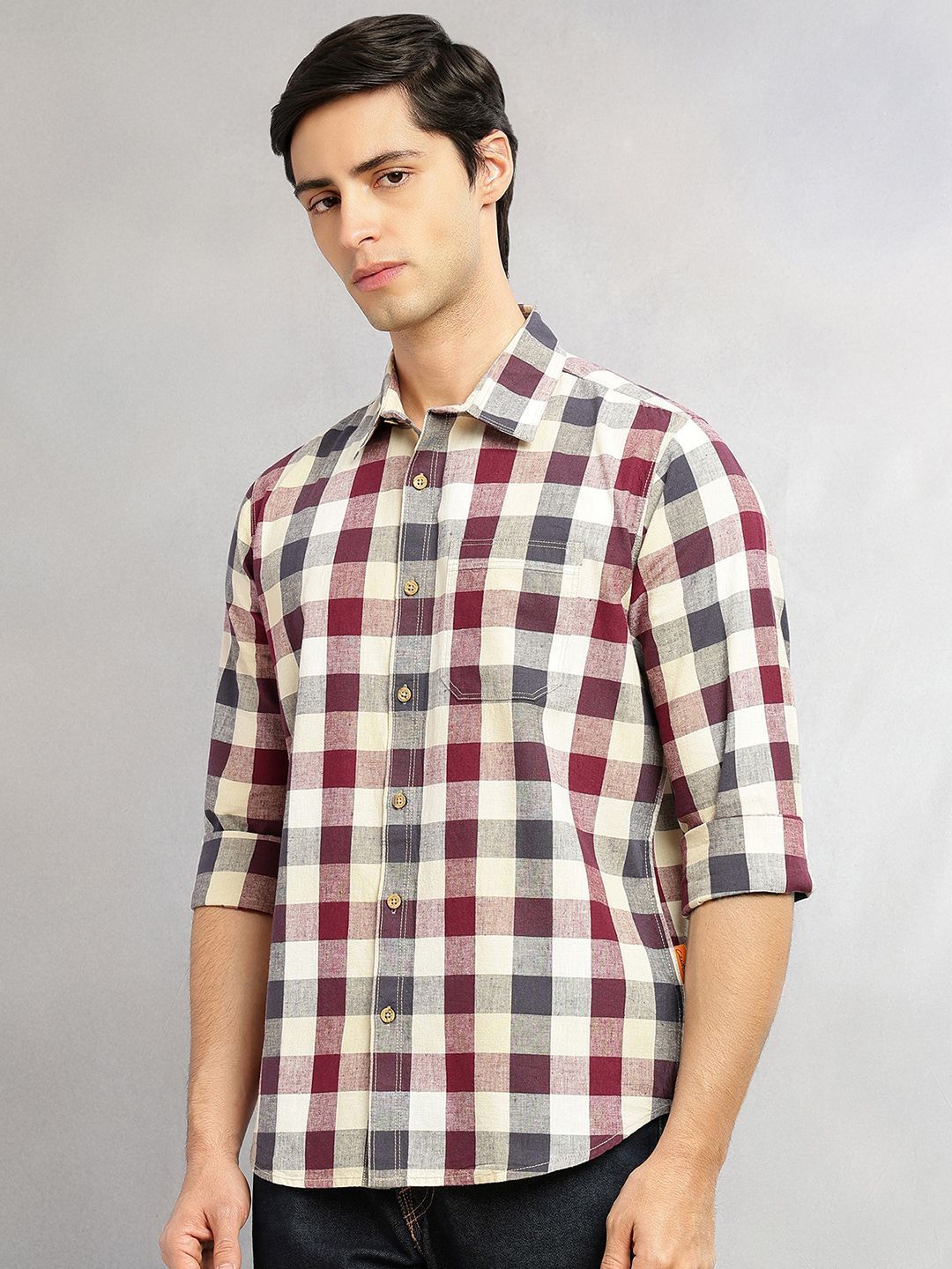 Wine Cricket Club Collection Slim Fit Long Sleeves Shepherd Check Spread Collar Cotton Linen Casual Shirt For Men