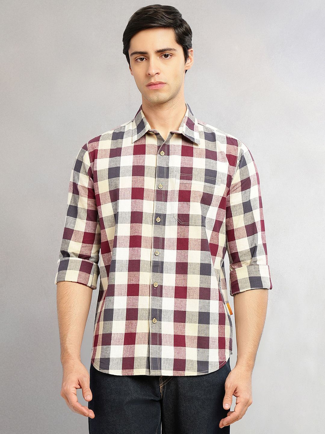 Wine Cricket Club Collection Slim Fit Long Sleeves Shepherd Check Spread Collar Cotton Linen Casual Shirt For Men