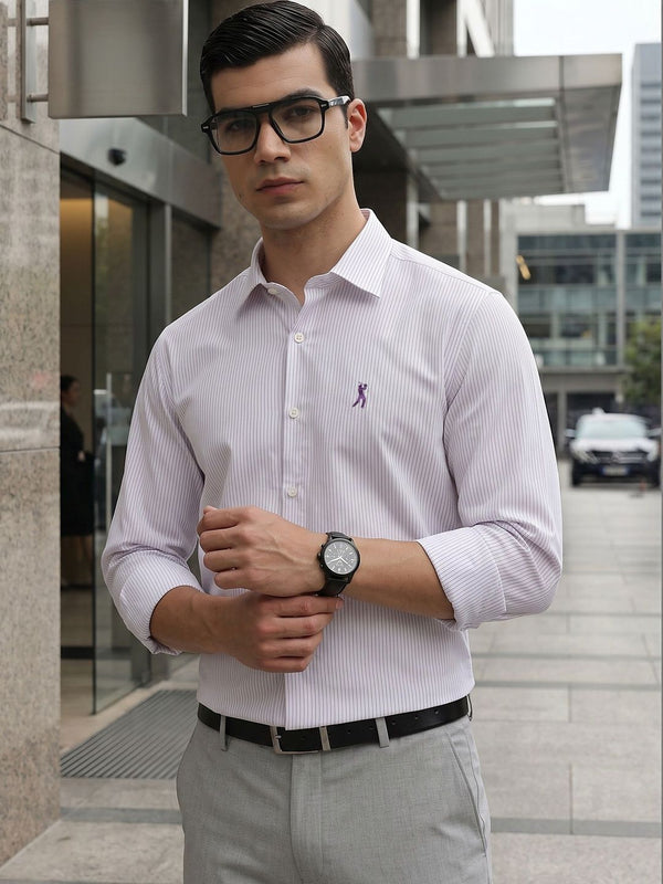 Thomas Scott Men Premium Purple Regular Fit Vertical Striped Cotton Formal Shirt with Spread Collar & Full Sleeves