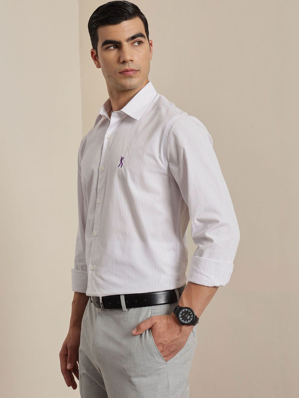 Thomas Scott Men Premium Purple Regular Fit Vertical Striped Cotton Formal Shirt with Spread Collar & Full Sleeves
