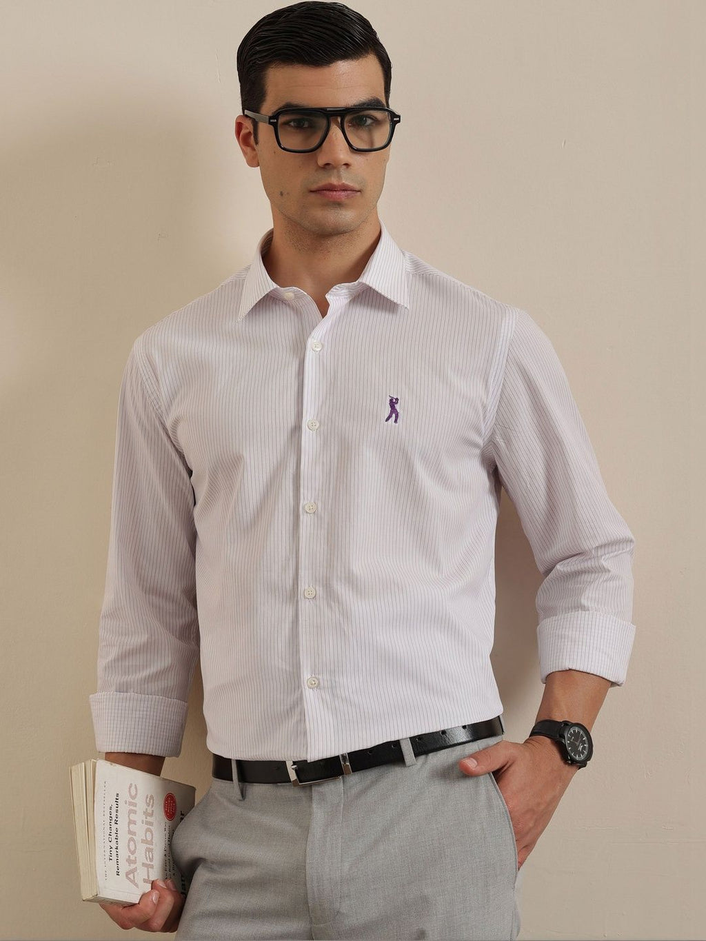Thomas Scott Men Premium Purple Regular Fit Vertical Striped Cotton Formal Shirt with Spread Collar & Full Sleeves