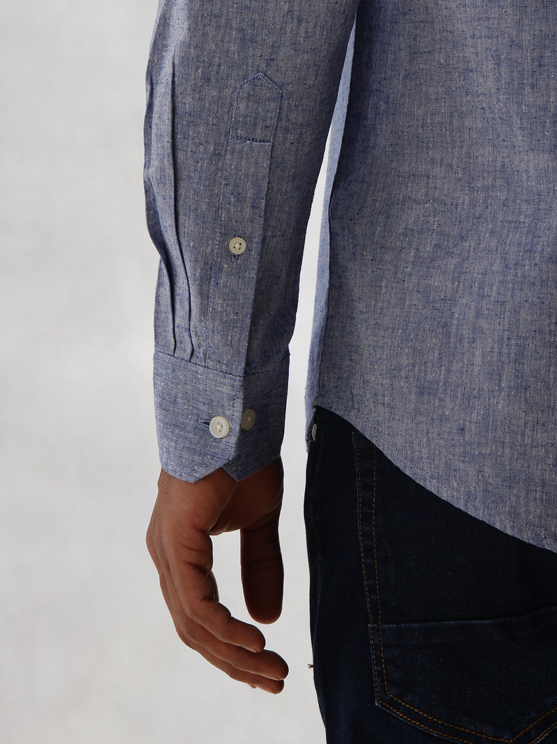 Thomas Scott Men Blue Cricket Club Collection Slim Fit Long Sleeves Spread Collar Solid Cotton Linen Shirt