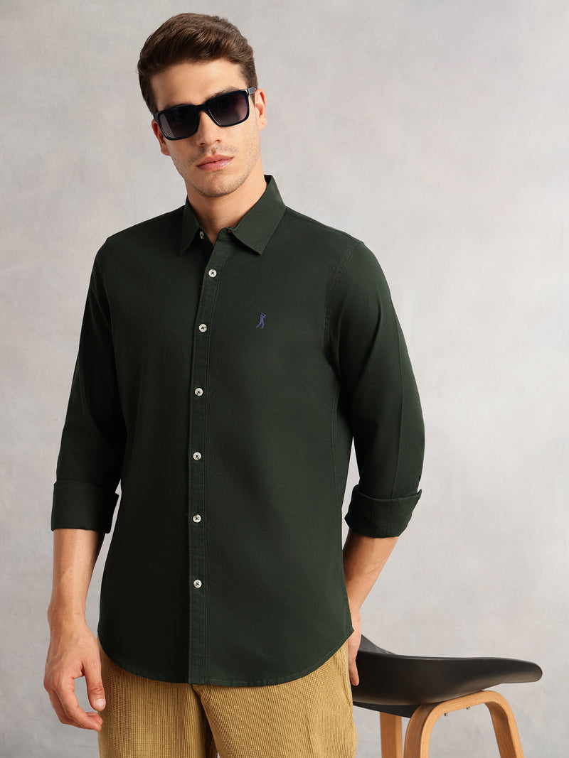 Thomas Scott Men Green Cricket Club Collection Slim Fit Oxford Cotton Casual Shirt with Spread Collar & Long Sleeves