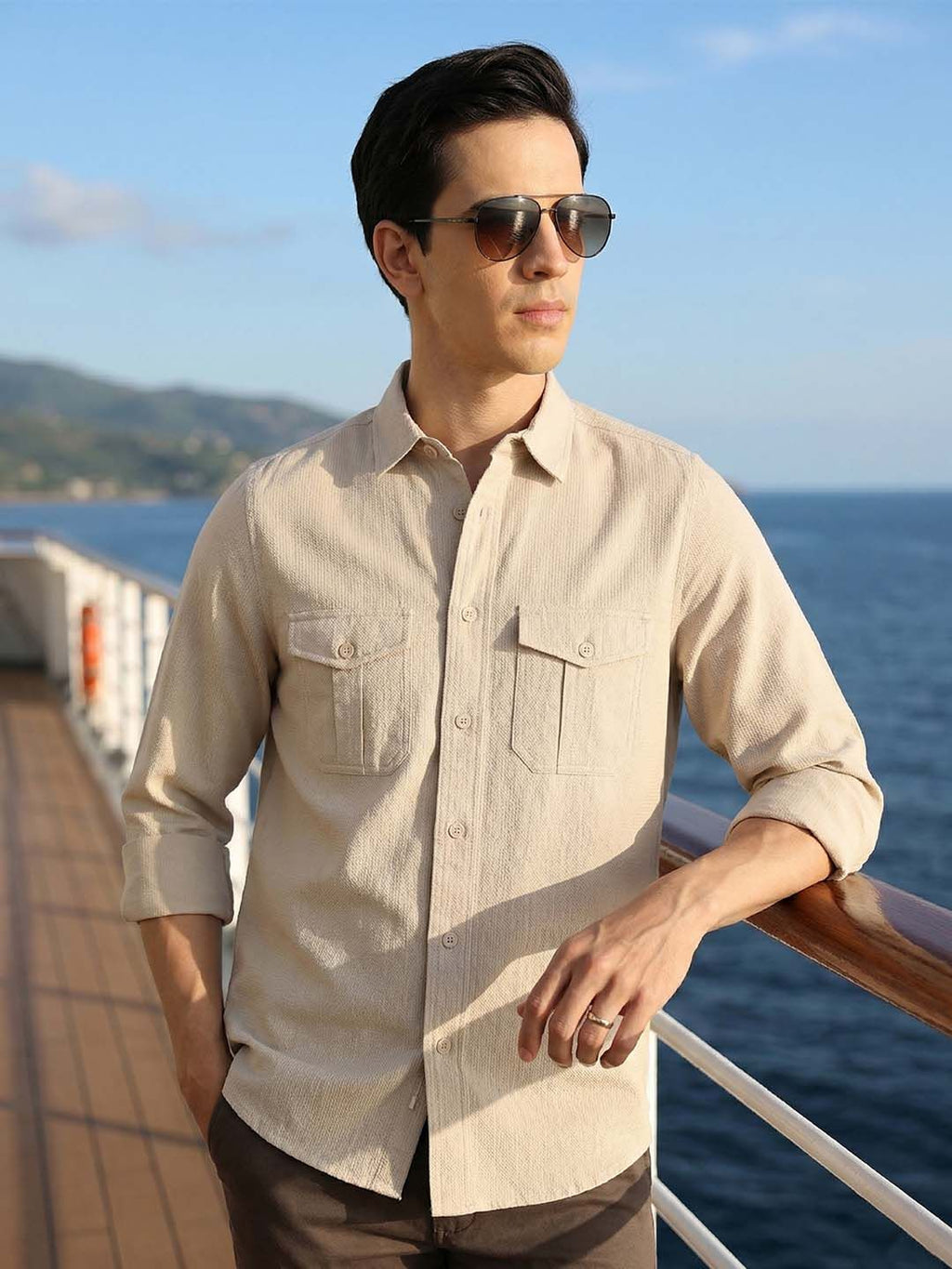 Beige Cricket Club Collection Men Slim Fit Cotton Casual Shirt For Men-Dual Flap Pocket