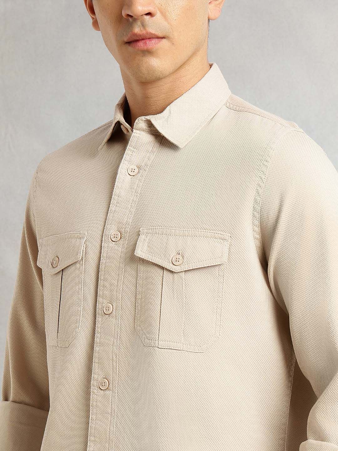 Beige Cricket Club Collection Men Slim Fit Cotton Casual Shirt For Men-Dual Flap Pocket
