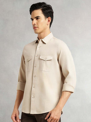 Beige Cricket Club Collection Men Slim Fit Cotton Casual Shirt For Men-Dual Flap Pocket