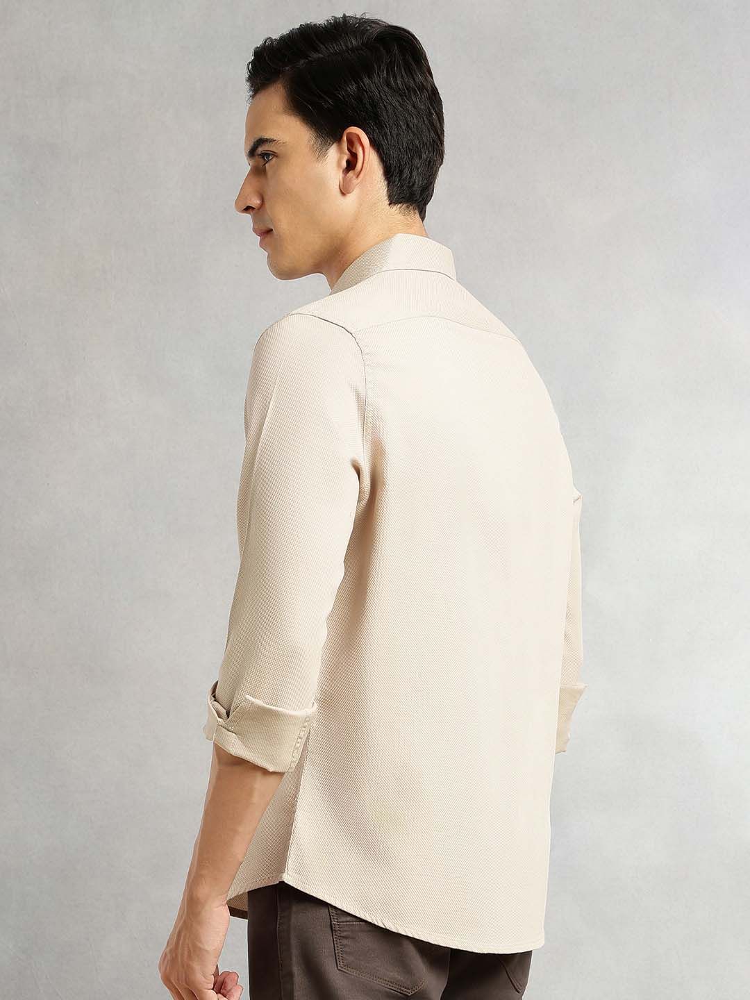 Beige Cricket Club Collection Men Slim Fit Cotton Casual Shirt For Men-Dual Flap Pocket