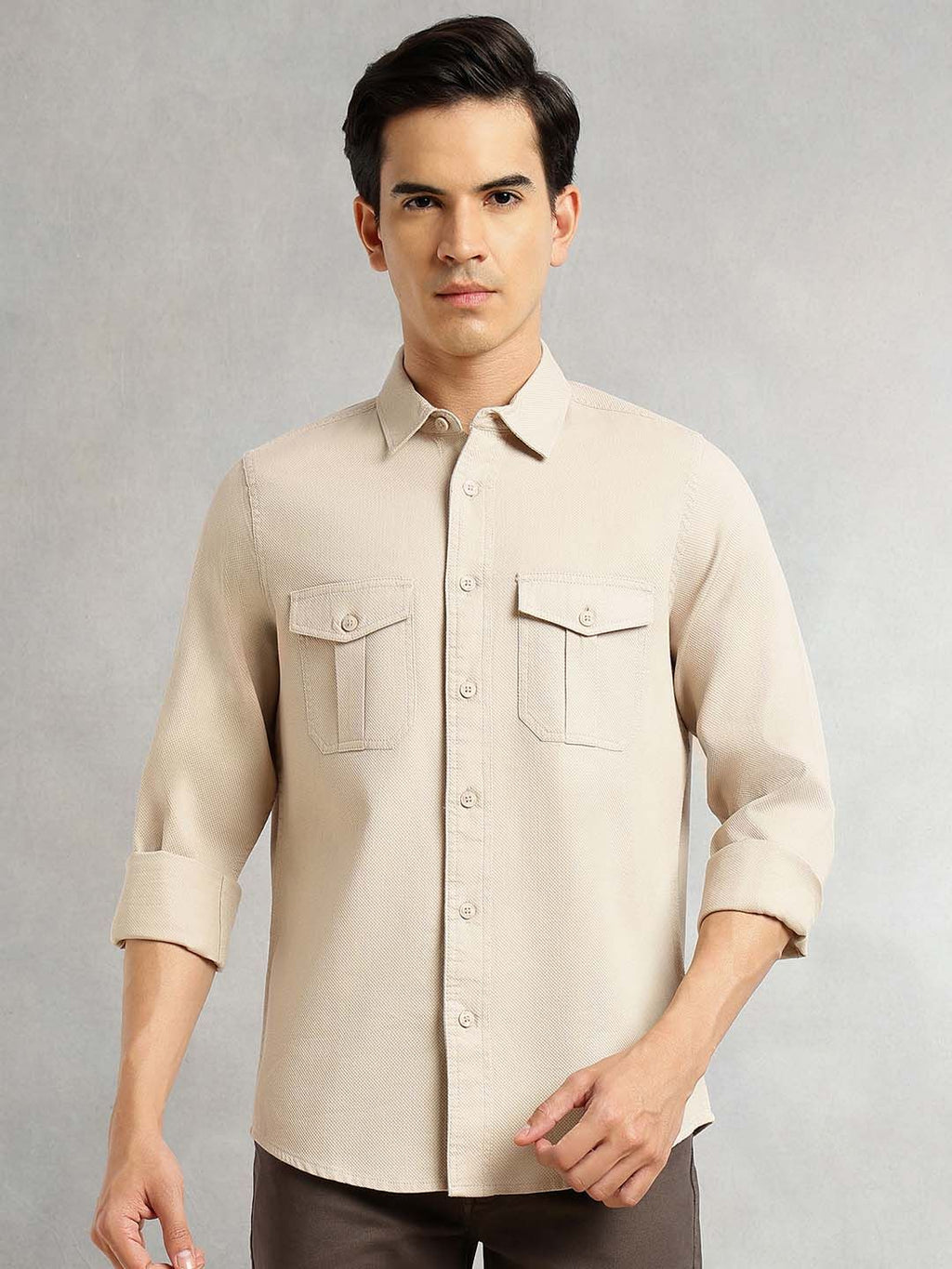 Beige Cricket Club Collection Men Slim Fit Cotton Casual Shirt For Men-Dual Flap Pocket