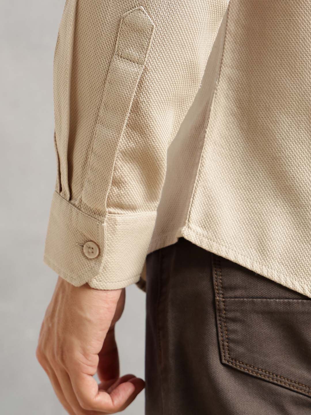Beige Cricket Club Collection Men Slim Fit Cotton Casual Shirt For Men-Dual Flap Pocket