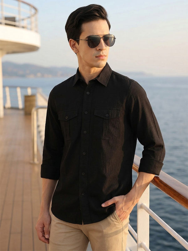Black Cricket Club Collection Men Slim Fit Cotton Casual Shirt For Men-Dual Flap Pocket