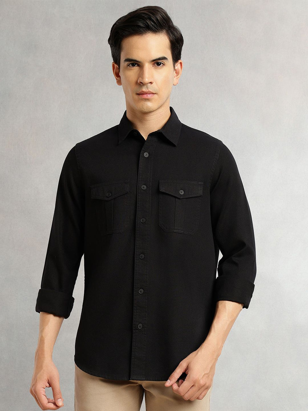 Black Cricket Club Collection Men Slim Fit Cotton Casual Shirt For Men-Dual Flap Pocket