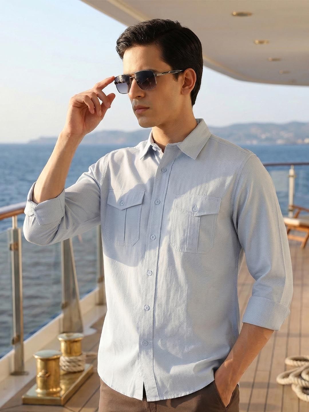 Blue Cricket Club Collection Men Slim Fit Cotton Casual Shirt For Men-Dual Flap Pocket
