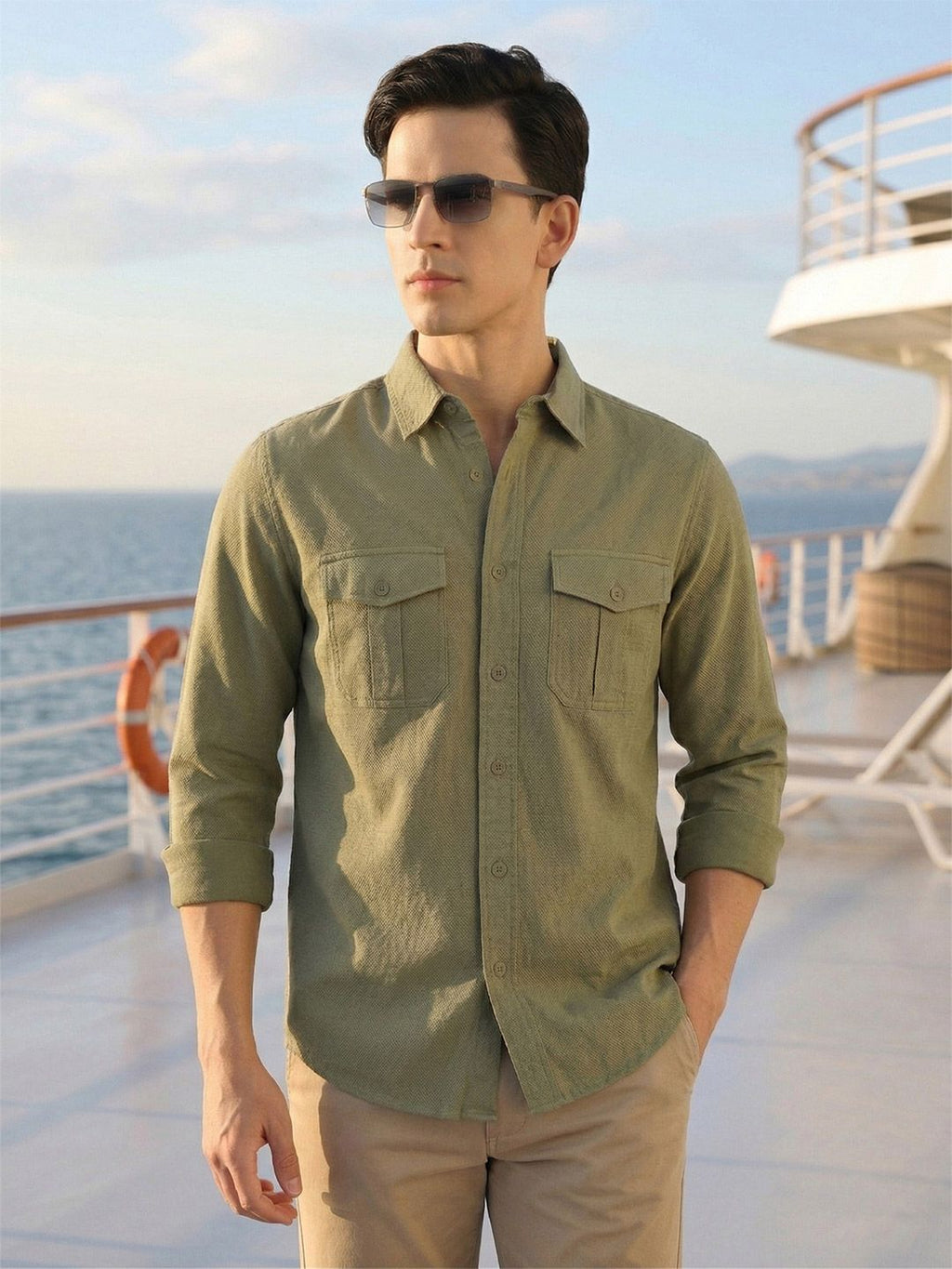 Thomas Scott Men Olive Cricket Club Collection Men Slim Fit Cotton Casual Shirt-Dual Flap Pocket