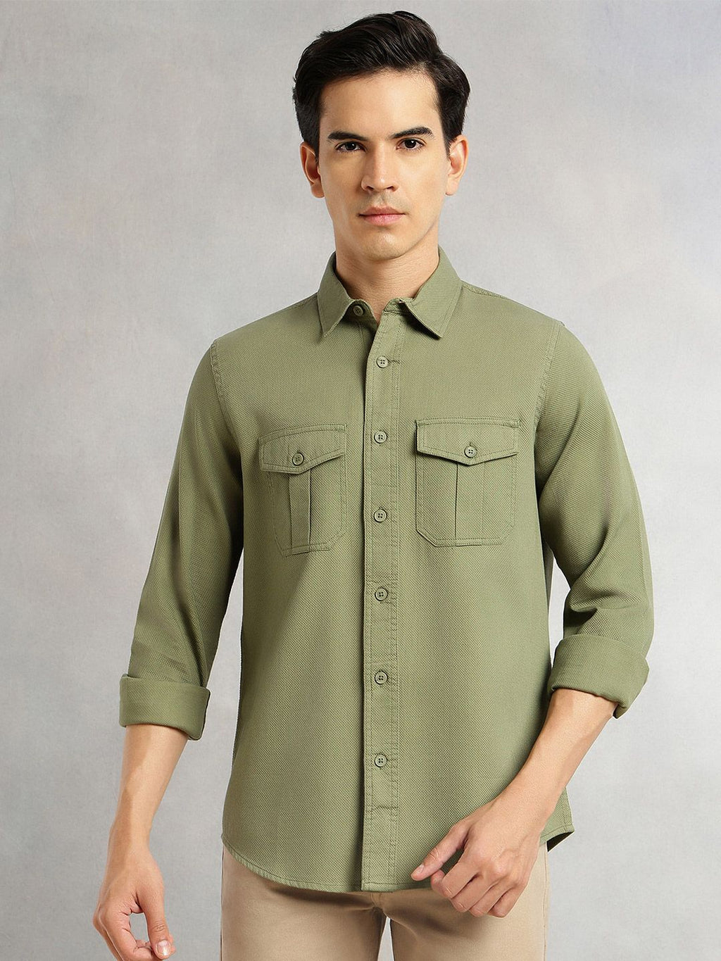 Thomas Scott Men Olive Cricket Club Collection Men Slim Fit Cotton Casual Shirt-Dual Flap Pocket