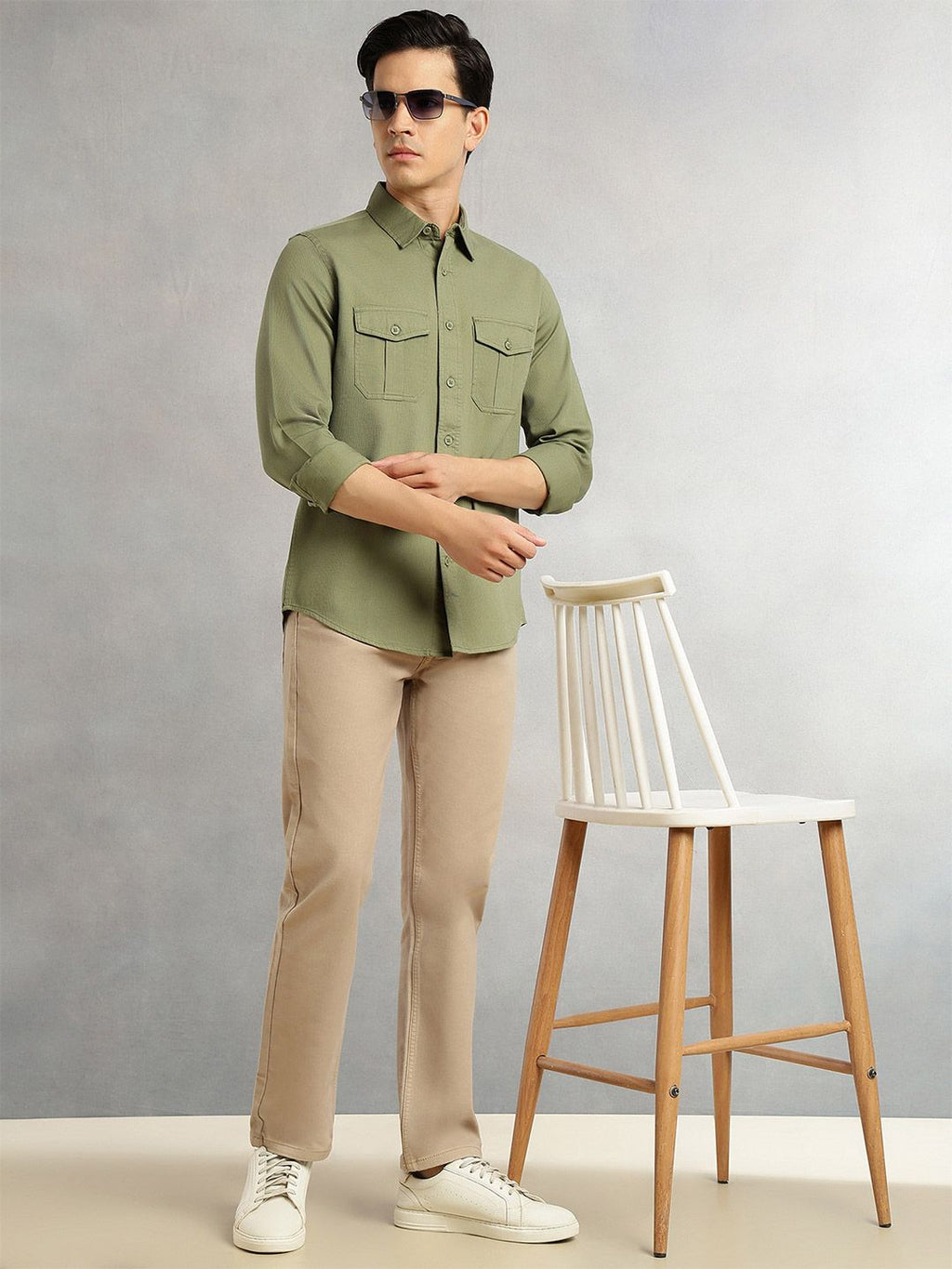 Thomas Scott Men Olive Cricket Club Collection Men Slim Fit Cotton Casual Shirt-Dual Flap Pocket