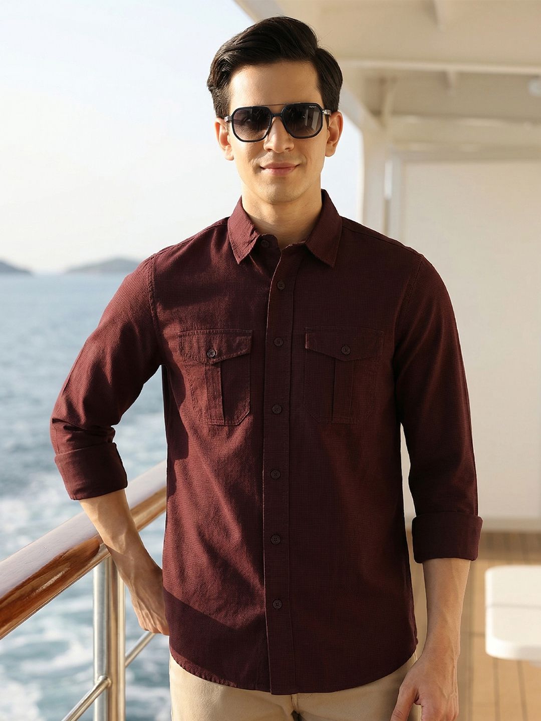 Wine Premium Slim Fit Long Sleeves Solid Spread Collar Cotton Casual Shirt For Men