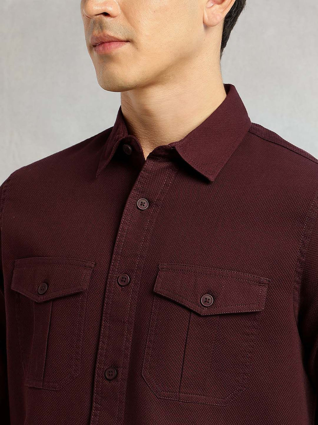 Wine Premium Slim Fit Long Sleeves Solid Spread Collar Cotton Casual Shirt For Men