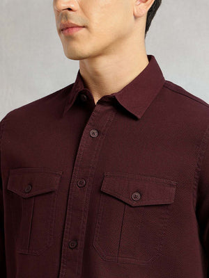 Wine Premium Slim Fit Long Sleeves Solid Spread Collar Cotton Casual Shirt For Men