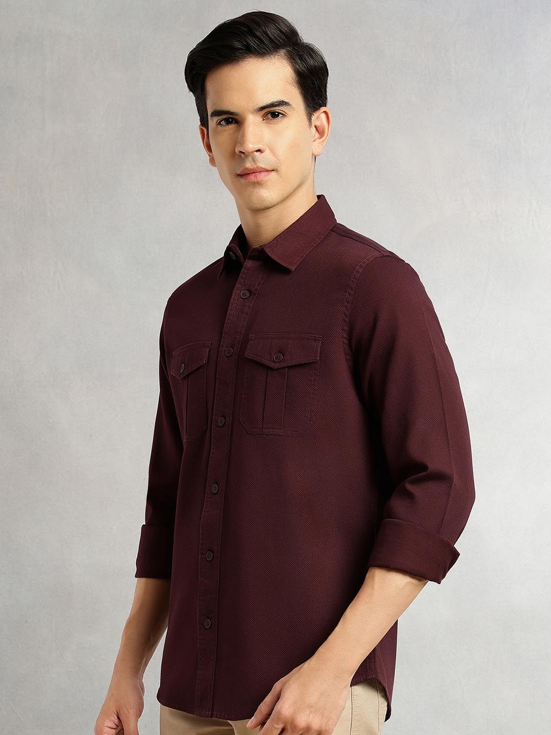 Wine Premium Slim Fit Long Sleeves Solid Spread Collar Cotton Casual Shirt For Men