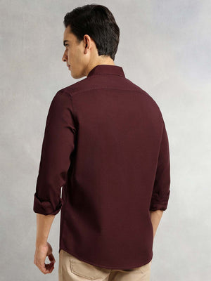Wine Premium Slim Fit Long Sleeves Solid Spread Collar Cotton Casual Shirt For Men