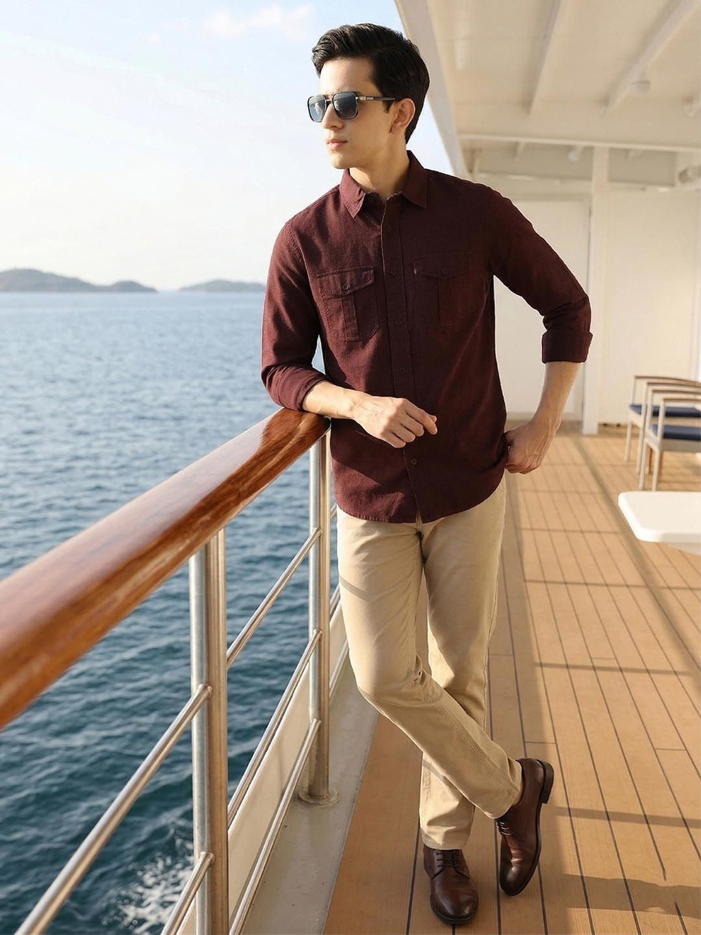 Wine Premium Slim Fit Long Sleeves Solid Spread Collar Cotton Casual Shirt For Men