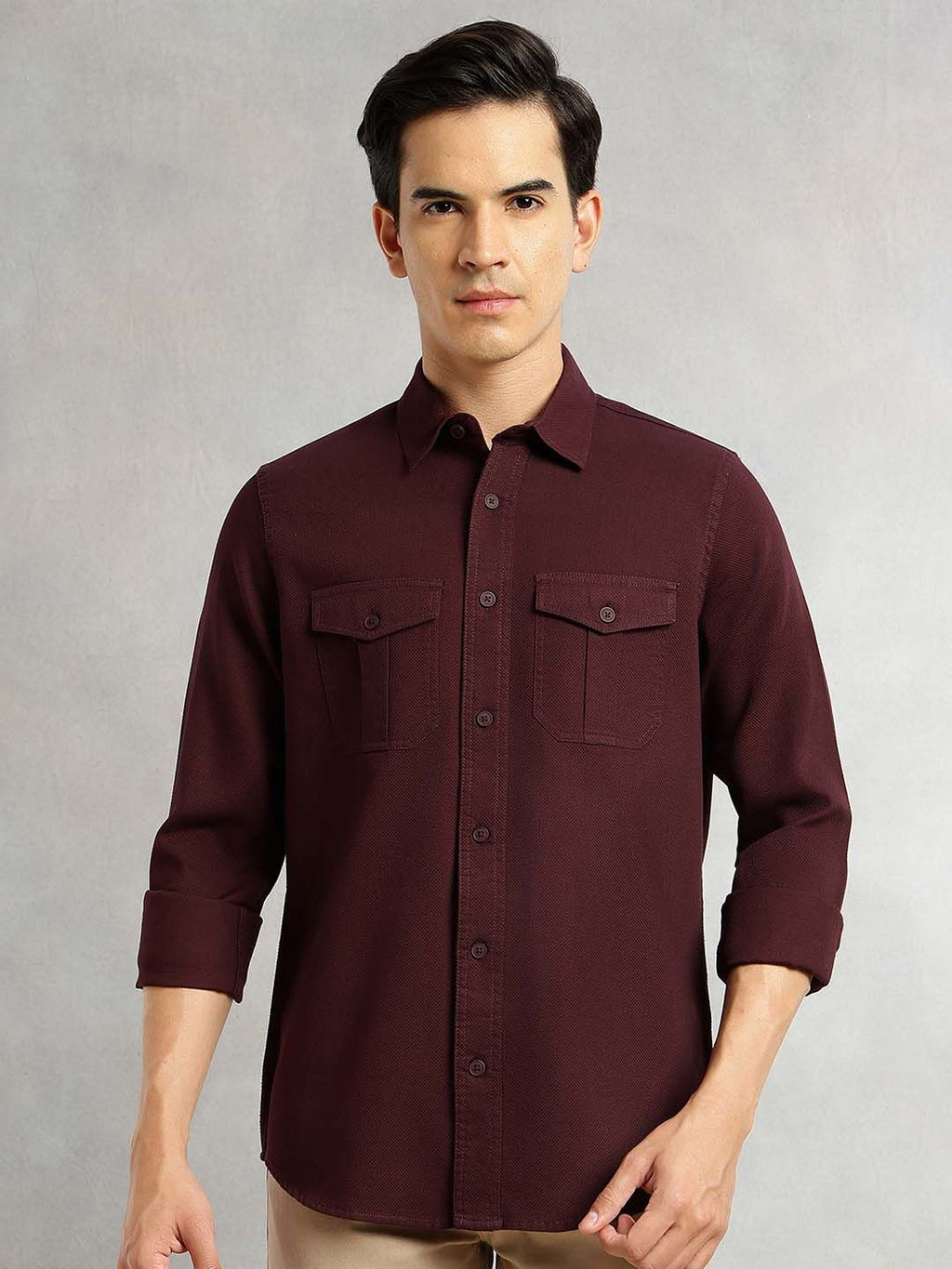 Wine Premium Slim Fit Long Sleeves Solid Spread Collar Cotton Casual Shirt For Men