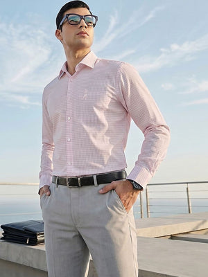 Thomas Scott Men Premium Pink Gingham Checks Cotton Formal Shirt with Spread Collar & Full Sleeves