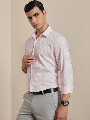 Thomas Scott Men Premium Pink Gingham Checks Cotton Formal Shirt with Spread Collar & Full Sleeves