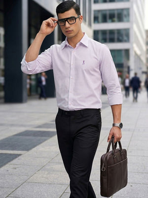 Thomas Scott Men Premium Violet Gingham Checks Cotton Formal Shirt with Spread Collar & Full Sleeves