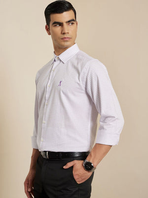 Thomas Scott Men Premium Violet Gingham Checks Cotton Formal Shirt with Spread Collar & Full Sleeves