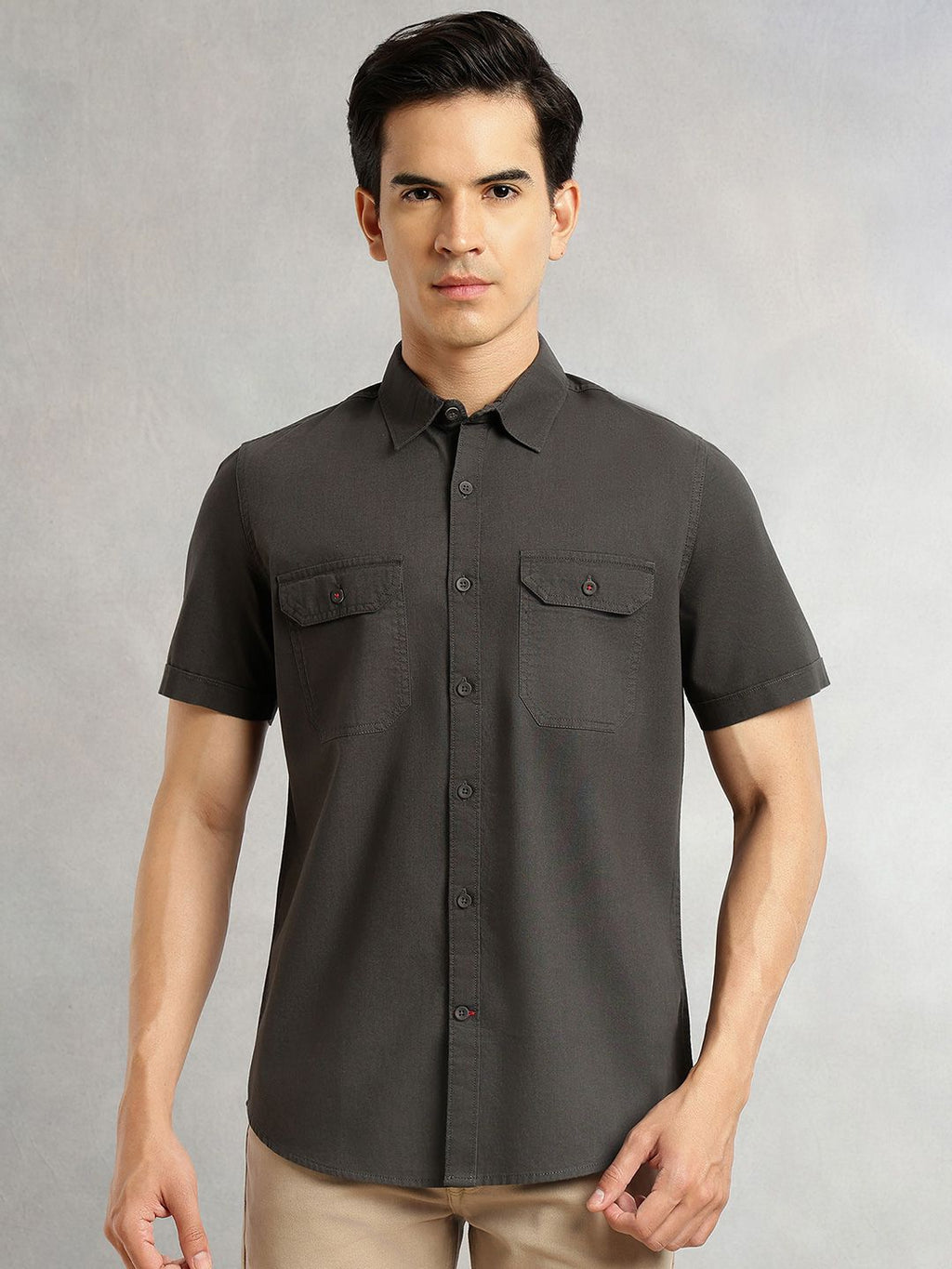 Steel Grey Men Cricket Club Collection Premium Slim Fit Casual Shirt For Men-Dual Flap Pockets With Short Sleeves