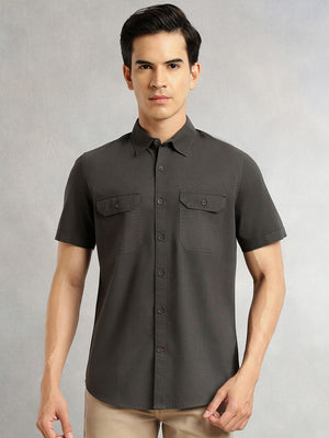Steel Grey Men Cricket Club Collection Premium Slim Fit Casual Shirt For Men-Dual Flap Pockets With Short Sleeves