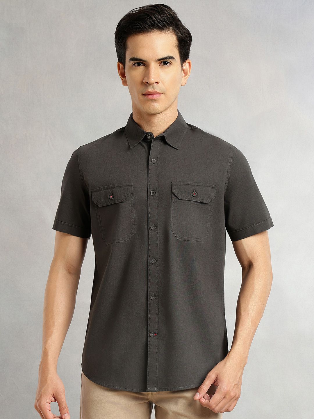 Steel Grey Men Cricket Club Collection Premium Slim Fit Casual Shirt For Men-Dual Flap Pockets With Short Sleeves